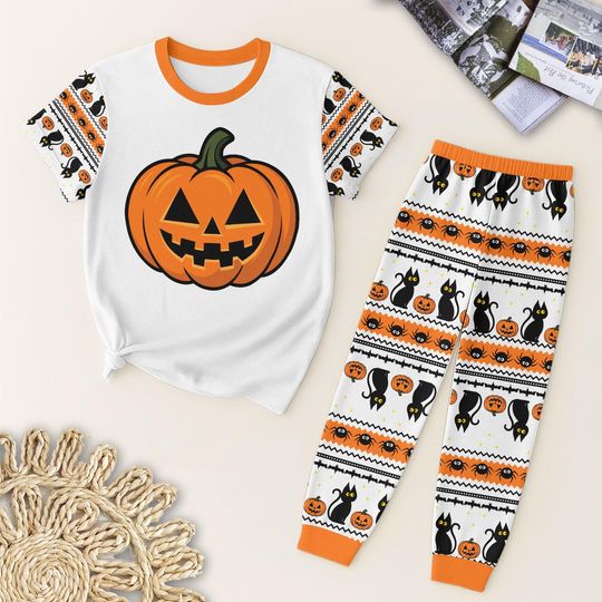 Discover Halloween Pumpkin Pajamas Set with Black Cat Design