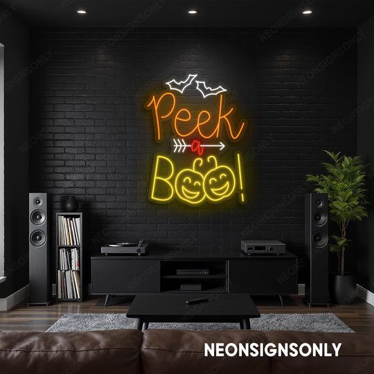 Peek A Boo Halloween LED Neon Sign, Peek A Boo Wall Light, Pumpkin Bat Light Wall Art, Spooky Halloween Neon Wall Sign, Halloween Led Light