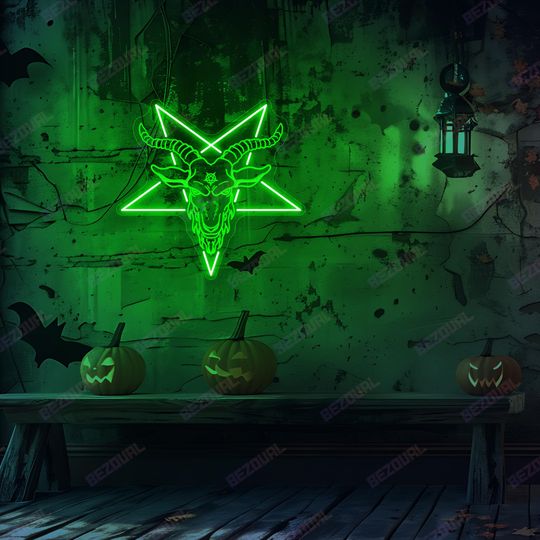 Discover Baphomet Goat Skull Neon Sign Pentagram LED Light Satan Wall Decors Horror Gothic Halloween Haunted Spaces Halloween Party Room Wall Art