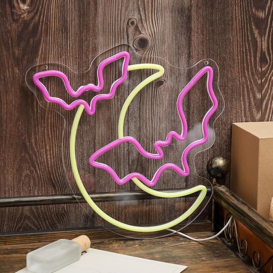 Moon & Bat Halloween Neon Sign: Spooky Party Decor