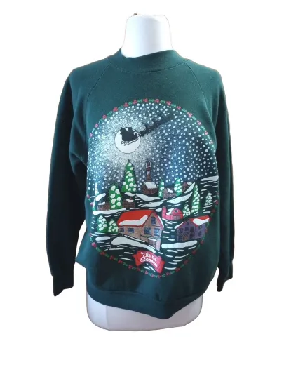 Discover Vintage 90s 'Tis the Season' Christmas Sweatshirt Fruit Of The Loom Green Sz M