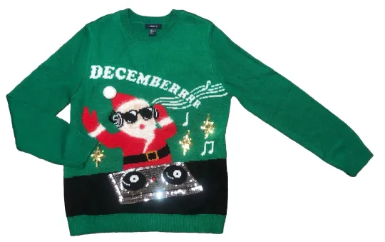 Discover Forever 21 Women’s L Green Decemberr Santa Claus DJ Christmas Music Ugly Sweater