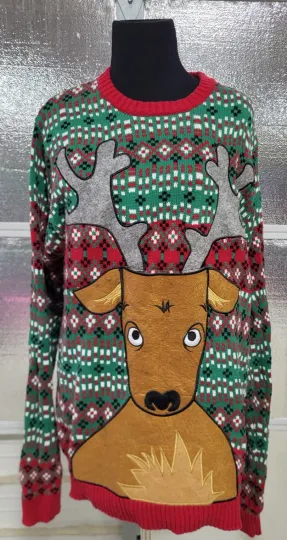 Discover 33 Degrees Size Large - Christmas Sweater -Large Reindeer  Green Multicolor Ugly