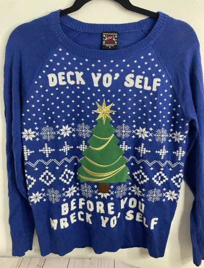 Discover Ugly Christmas Sweater Deck Yo Self Womans Size S Blue Long Sleeve