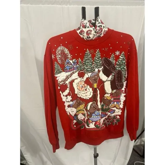 VPuff Paint Ugly Christmas Sweater Turtleneck Sweatshirt Large Vintage Santa