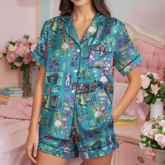 Halloween Haunted Mansion Pajamas Set with T-Shirt and Ghosts