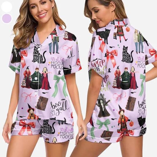 Hocus Pocus Pajama Set with Pocket - Sanderson Sisters Satin Sleepwear for Halloween & Spooky Season