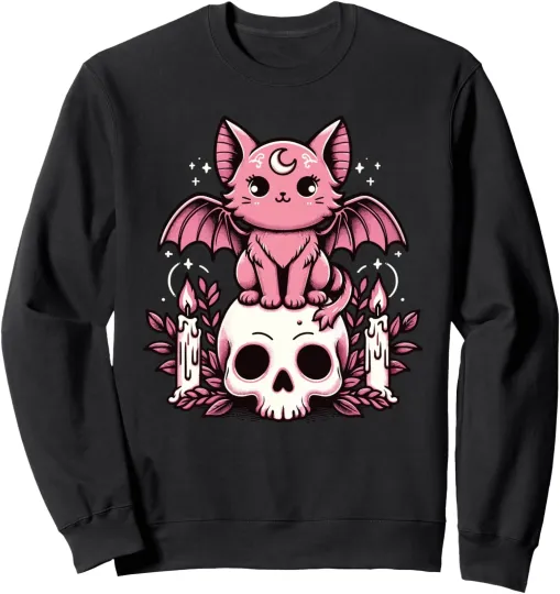 Discover Kawaii Pastel Goth Creepy Cat Bat Skeleton Unisex Crewneck Sweatshirt