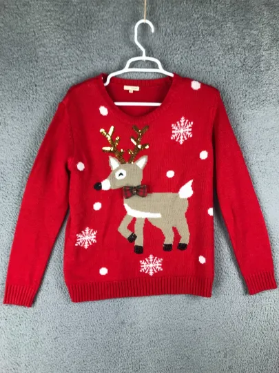 Discover Wet Seal Womens Long Sleeve Crew Neck Red Ugly Christmas Holiday Sweater Deer Sm