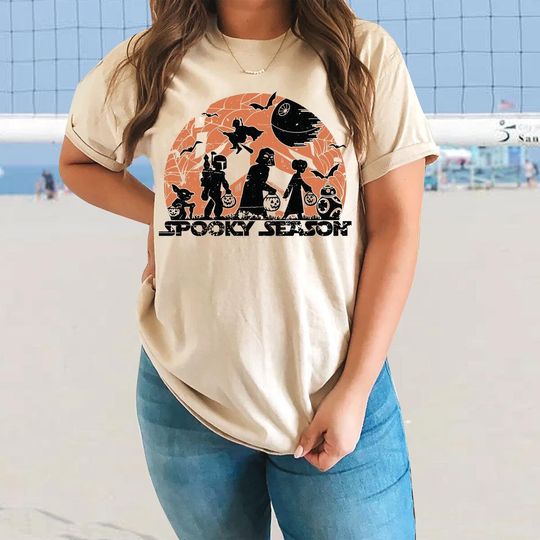 Discover Vintage Disney Star Wars Halloween T-Shirt, Retro Galaxy's Edge Halloween Pumpkin Shirt, Spooky Season Darth Vader Yoda Boba Fett