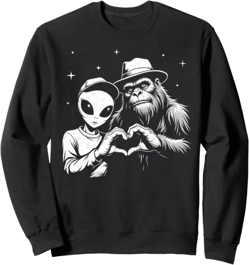 Discover Bigfoot and Alien Love Hand Sign Unisex Crewneck Sweatshirt