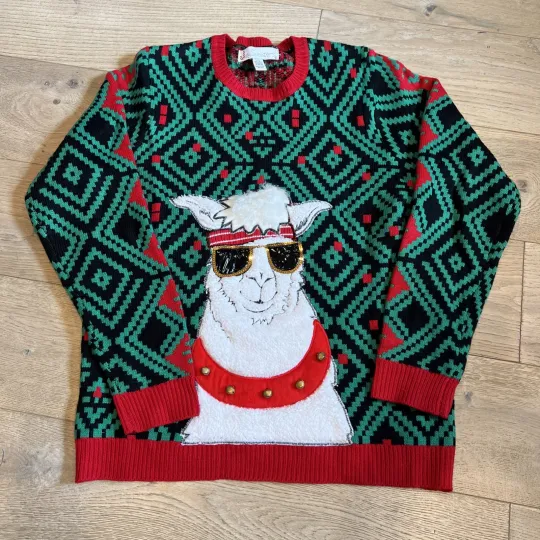 Jolly Sweaters Ugly Christmas Sweater Cool Llama Size L Large  Green Red Black