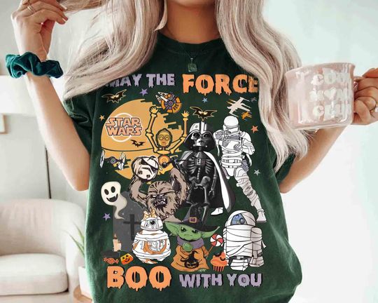 Retro Star Wars May The Force Boo With You Halloween T-shirt, Funny Star Wars Darth Vader R2D2 Chewbacca Trooper Tee, Galaxy's Edge Trip