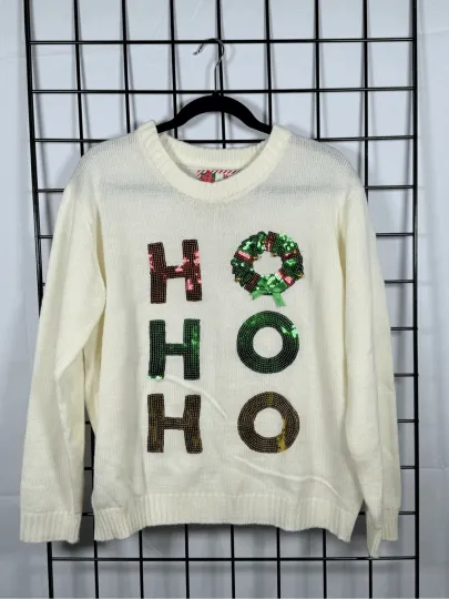 Discover Tacky Christmas Ho Ho Ho Sweater Womens L Ivory Sequins Bell Holiday Ugly