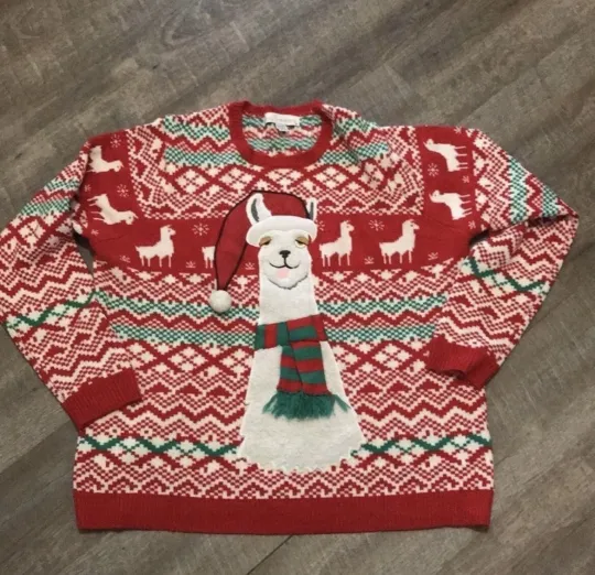 Discover Jolly Sweaters Llama in Scarf and Santa Hat Ugly Christmas Sweater size XXL