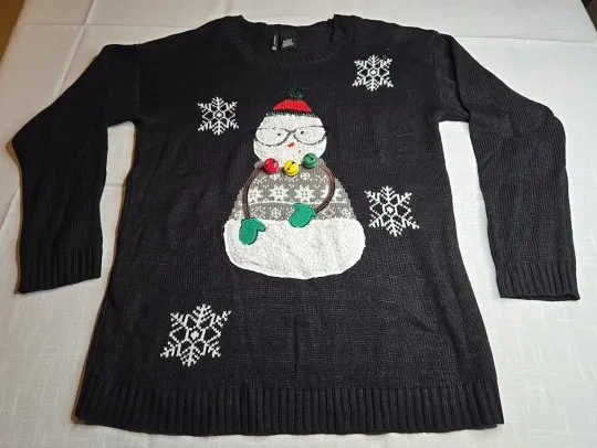 Womens XL Black Snowman Holiday Ugly Christmas Sweater Long Sleeve New Direction