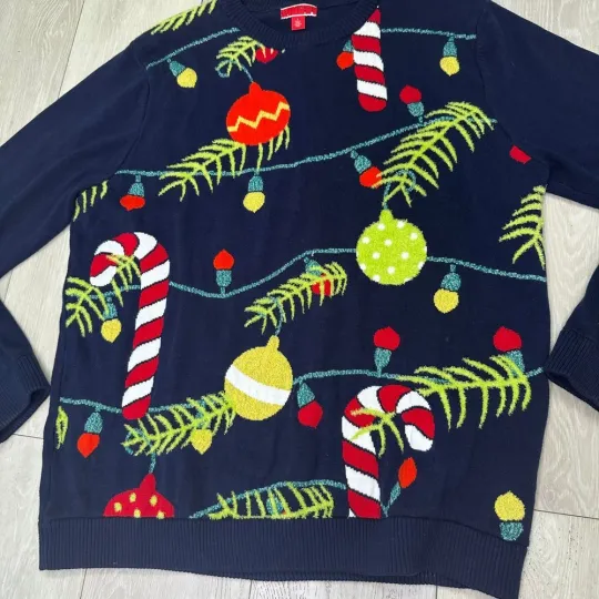 Ugly Christmas sweater holiday knit navy ornament candy cane crew neck size L
