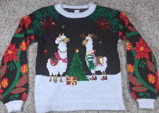 Discover Ugly Christmas Sweater Festive Llamas Sequined Christmas Tree Holiday Time sz XS