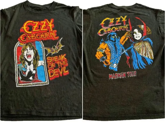 1980s Ozzy Osbourne Speak of the Devil Madman Tour 2 sided black T shirt