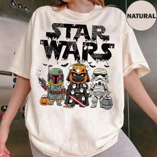 Discover Retro Halloween Ghost Star Wars Characters Group Shot Shirt, Darth Vader Boba Fett Stormtrooper Mummy Shirt, Vintage Star Wars Halloween