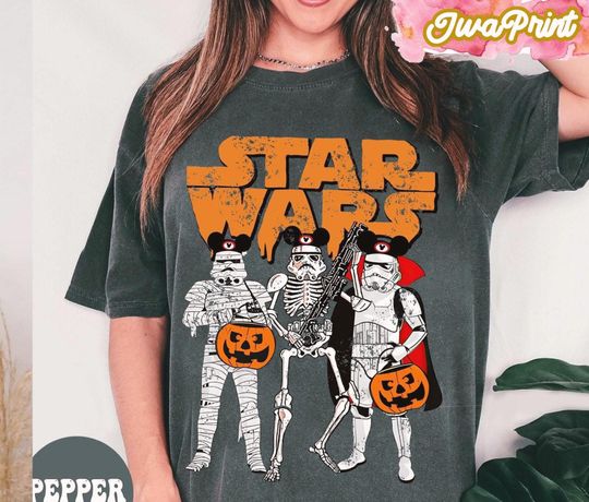 Discover Star Wars Stormtrooper Skeleton Mickey Ears Halloween T-Shirt, Crop Top, Funny Costume Design, Perfect for Star Wars Fans, Spooky Halloween