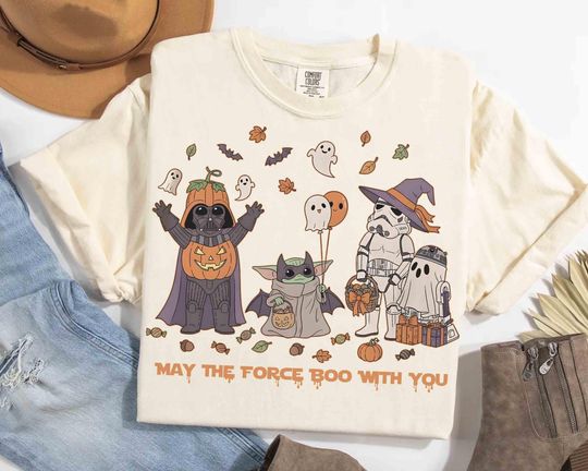 Discover Retro Star Wars May The Force Boo With You Halloween T-shirt, Funny Star Wars Darth Vader R2D2 Stormtrooper Tee, Galaxy's Edge 2025 Trip