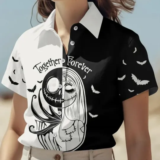 Discover Disney Jack Skellington And Sally Halloween Half Black White Hawaiian Shirt