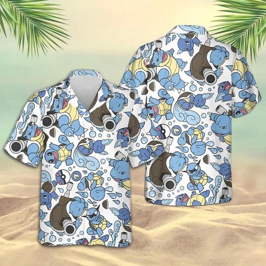 Blastoise Water Battle Hawaiian Shirt, Pocket Monsters Aloha Shirt for Men & Women