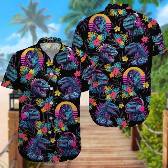 god zilla Tropical Button Hawaiian Shirt, Dinosaur Aloha Shirt
