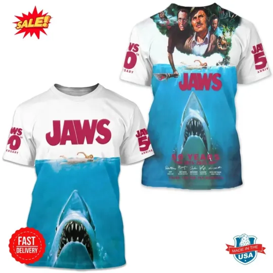 Discover Jaws 50Th Anniversary 1975-2025 Thank You 3D T-Shirt For Fans