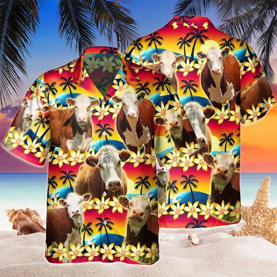 Discover Hereford Cattle Hawaiian Shirt for Men, Farm Cow Tropical Aloha Shirt, Country Beach Farmer Outfit