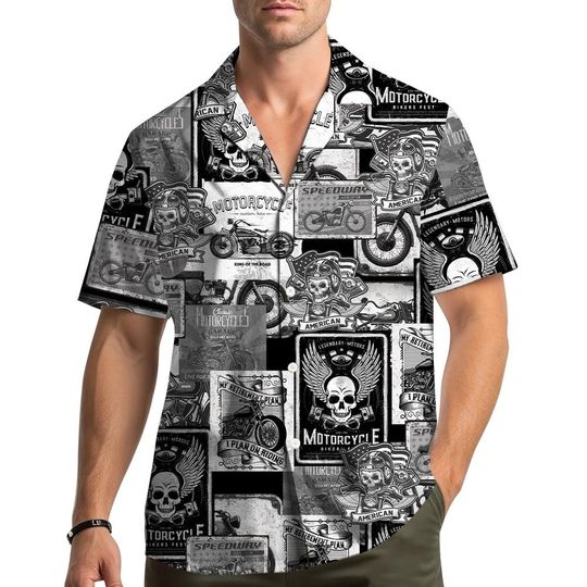 Men Women Biker Hawaiian Shirt, Black White Motorcycle Skull Wings Aloha Shirt