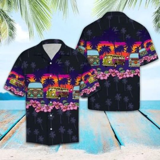 Discover Hippie Car Hawaiian Shirt, Black Tropical Aloha Button Down, Unisex Short Sleeve Summer Beach Top