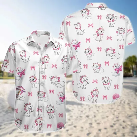 Disney Marie Cat Cat Lady Summer The Aristocats Summer White Hawaiian Shirt