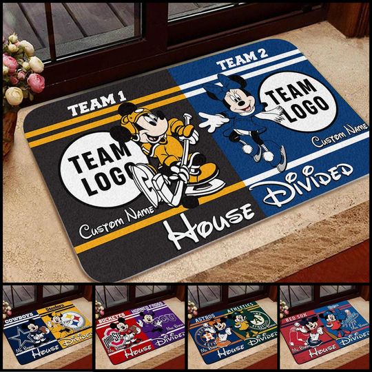 Discover Personalized Mickey And Minnie House Divided Doormat, Gift For Housewarming, Mickey Minnie Sports Team Doormat, Custom Football Team Doormat