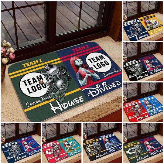 Personalized Jack Sally House Divided Doormat, Nightmare Before Christmas Welcome Mat, Custom Football Team Doormat, Gift For Housewarming