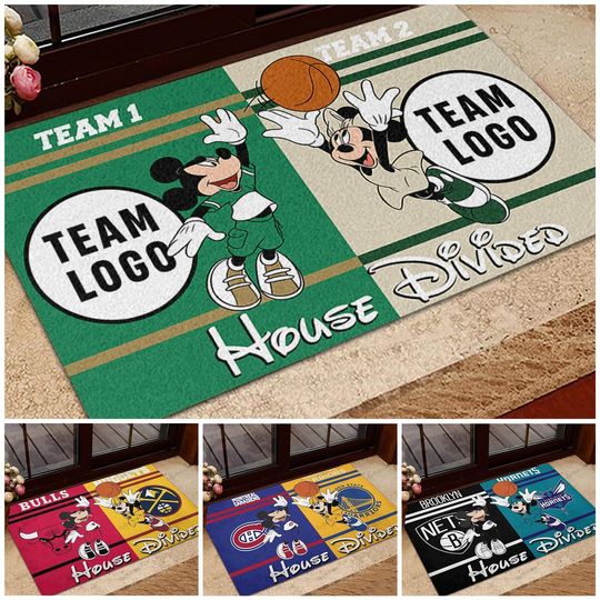 Discover Personalized Mickey And Minnie House Divided Doormat, Mickey Minnie Sports Team Doormat, Gift For Housewarming, Custom Football Team Doormat