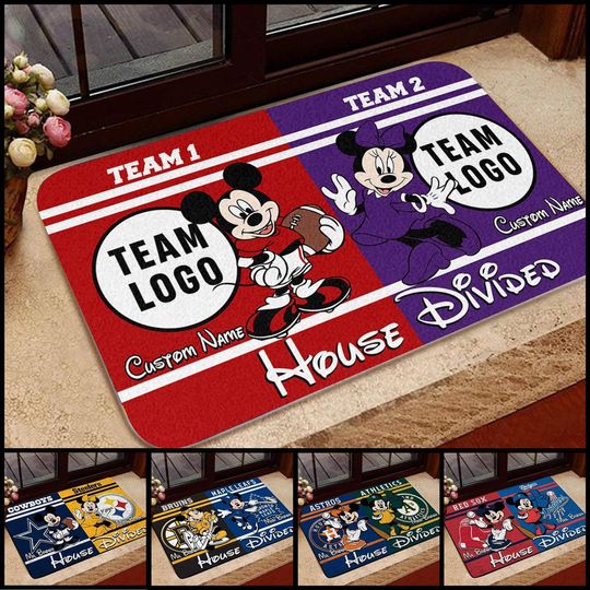 Discover Personalized Mickey And Minnie House Divided Doormat, Gift For Housewarming, Mickey Minnie Sports Team Doormat, Custom Football Team Doormat