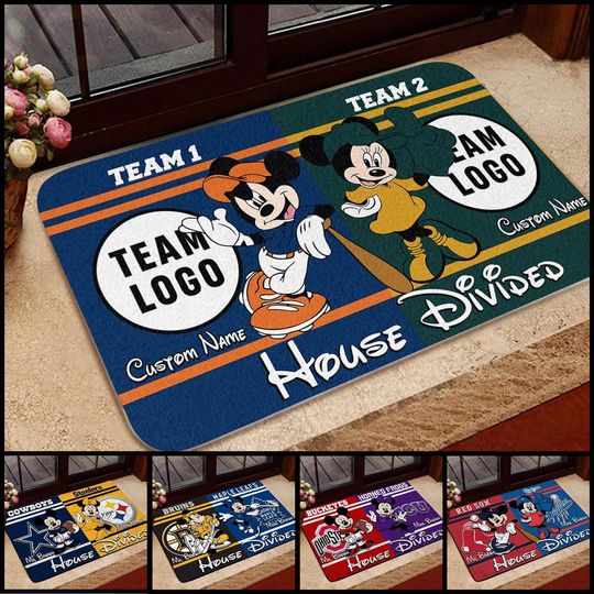 Discover Personalized Mickey And Minnie House Divided Doormat, Gift For Housewarming, Mickey Minnie Sports Team Doormat, Custom Football Team Doormat