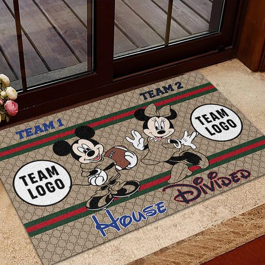 Discover Custom Mickey And Minnie House Divided Doormat, Personalized Rival Team Welcome Mat, Customized Mickey Minnie Football Season Sports Doormat
