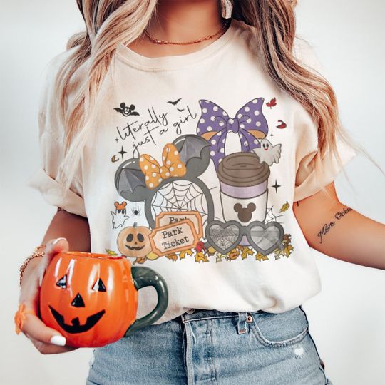 Discover Disney Literally Just A Girl Halloween Shirt, Minnie Bow Coffee Tee, Disney Pumpkin Fall Tee, Disneyland Halloween Tee, Disney Girl's Trip
