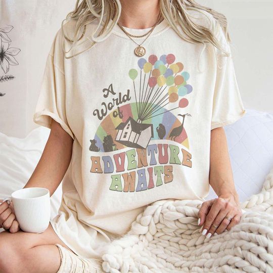 Discover Disney Pixar Up A World Of Adventure Awaits Rainbow House Balloons Shirt, Magic Kingdom Unisex T-shirt Family Birthday Gift Adult Kid Tee