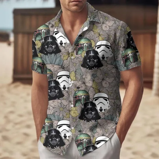 Discover Disney Star Wars Darth Vader Stormtrooper Boba Fett Helmets Retro Hawaiian Shirt