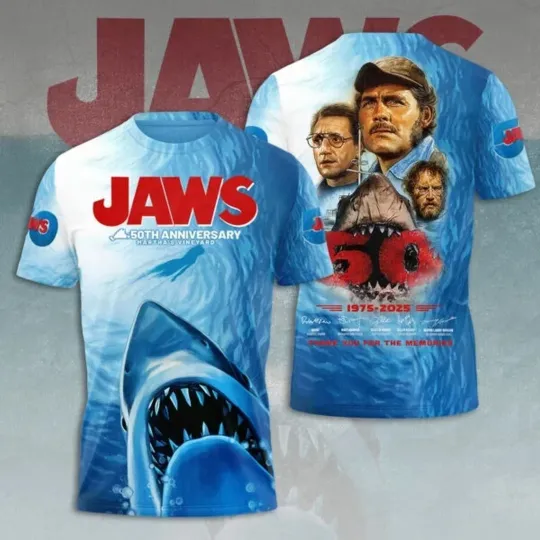 Discover Jaws 3D T Shirt 50 Years 1975-2025 Unisex ALl size 3D Shirt