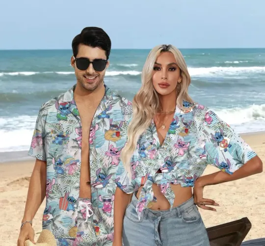 Discover Disney Stitch And Angel Aloha Floral Couple Hawaiian Shirt