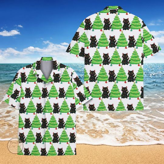 Discover Black Cat Christmas Tree Hawaii Shirt, Cute Cat Aloha Shirt
