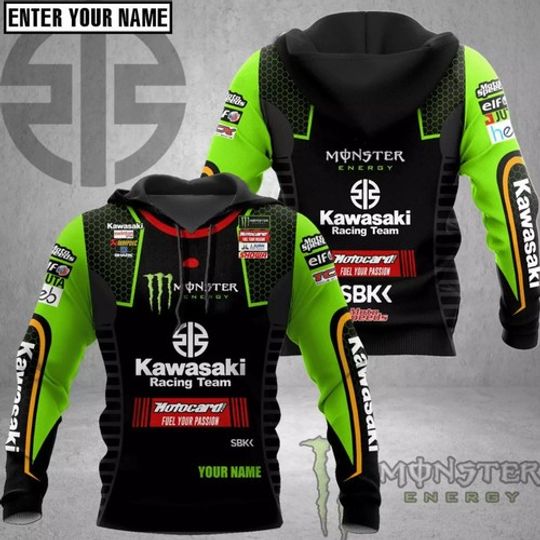 Discover Custom Name 3D Men Kawasaki Racing Hoodie Team Green Motocross 3D Print Hoodie