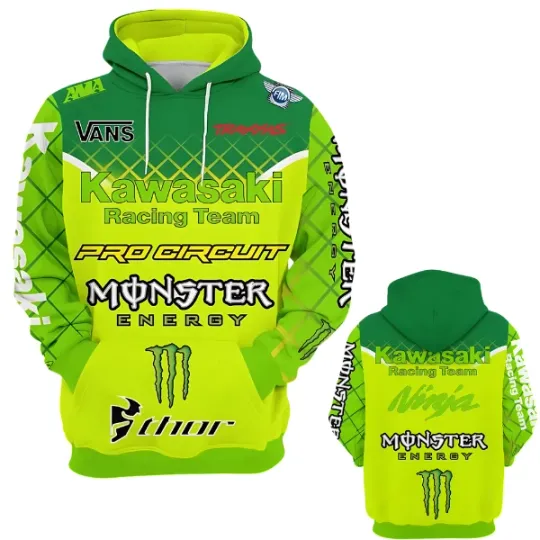 Discover Kawasaki Motorsport Monster Racing Green Team Hoodie Size S-5XL