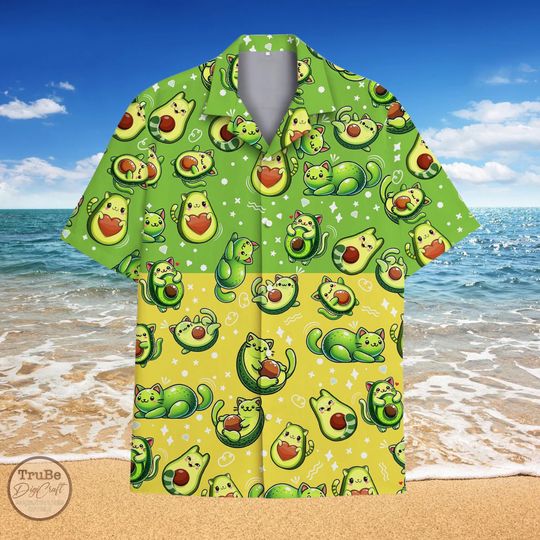 Discover Avocado Cat Hawaiian Shirt for Men and Women, Cute Cat Button-Down Beach Holiday Casual Shirt
