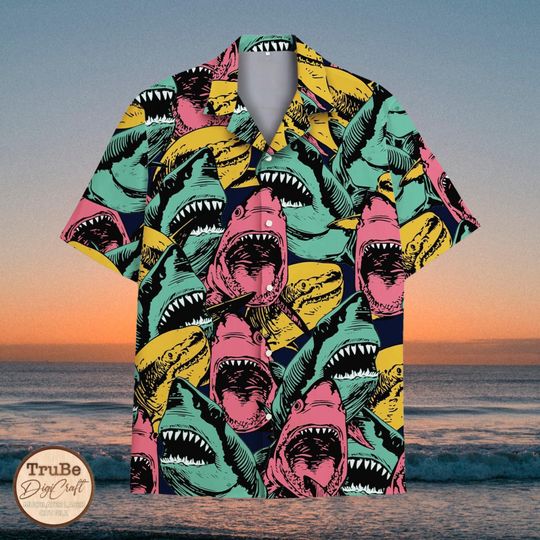 Discover Colorful Shark Hawaiian Shirt, Funny Short Sleeve Button Down